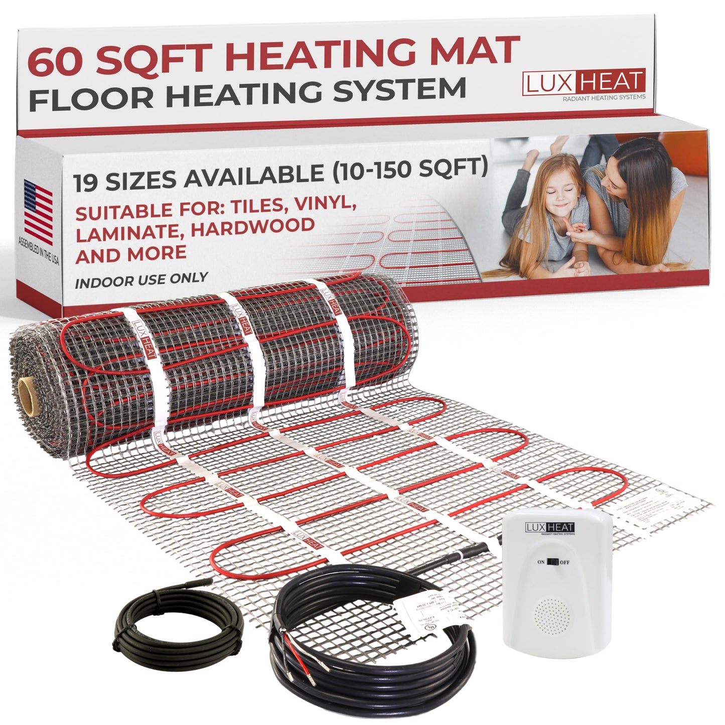 LuxHeat 60sqft Floor Heating Mat Kit - 120v Electric Radiant Flooring Heating System - Easy to Install Heated Flooring System w/Self-Adhesive Mesh Includes Monitor & Sensor - Excludes Thermostat
