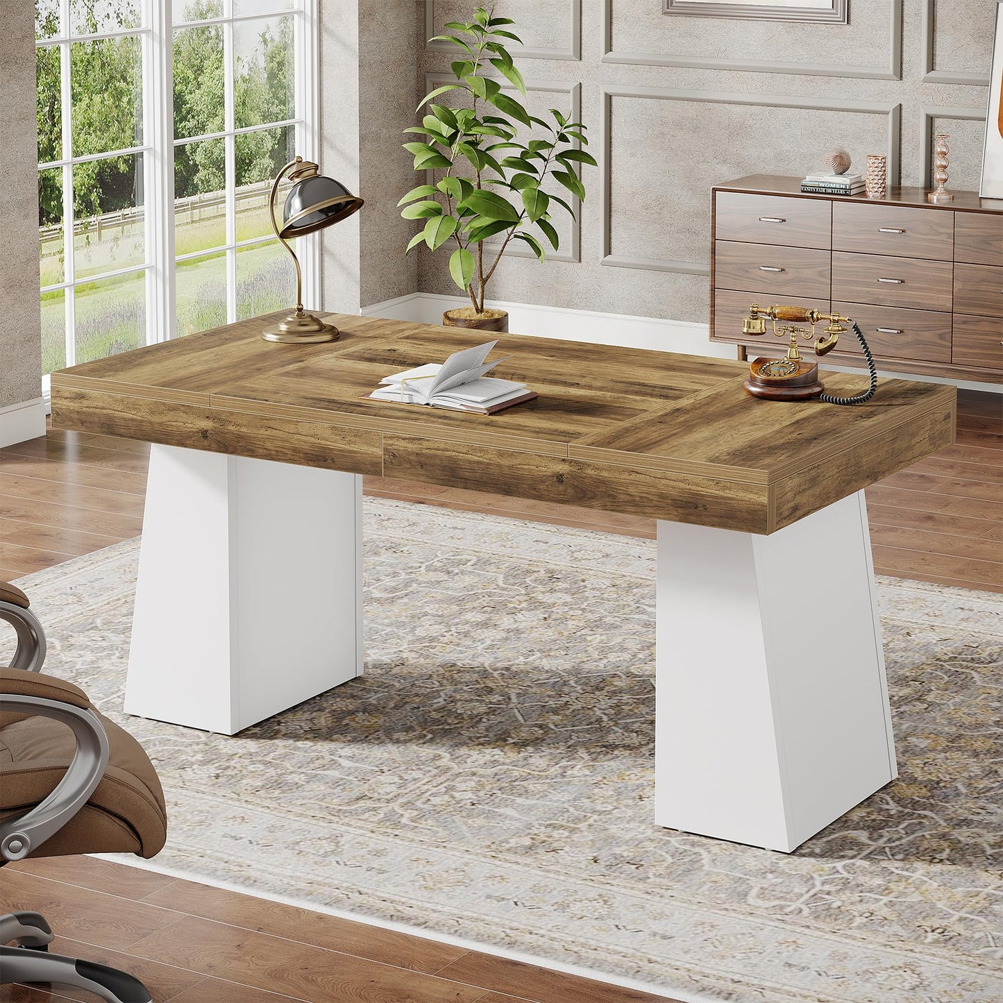 Tribesigns 55 Inches Executive Desk, Mid-Century Modern Home Office Desk, Wood Computer Table Business Workstation Small Conference Table, White & Brown