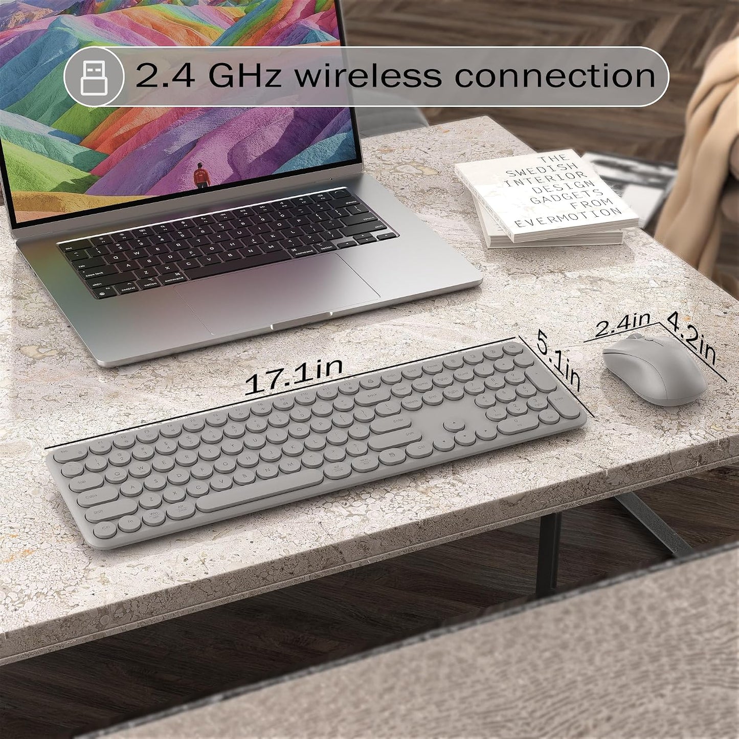 KEQTFT 110 1xUSB Wireless Keyboard and Mouse Combo, Round Quiet Keys, Adjustable Optical Mouse, Share Receiver, Power