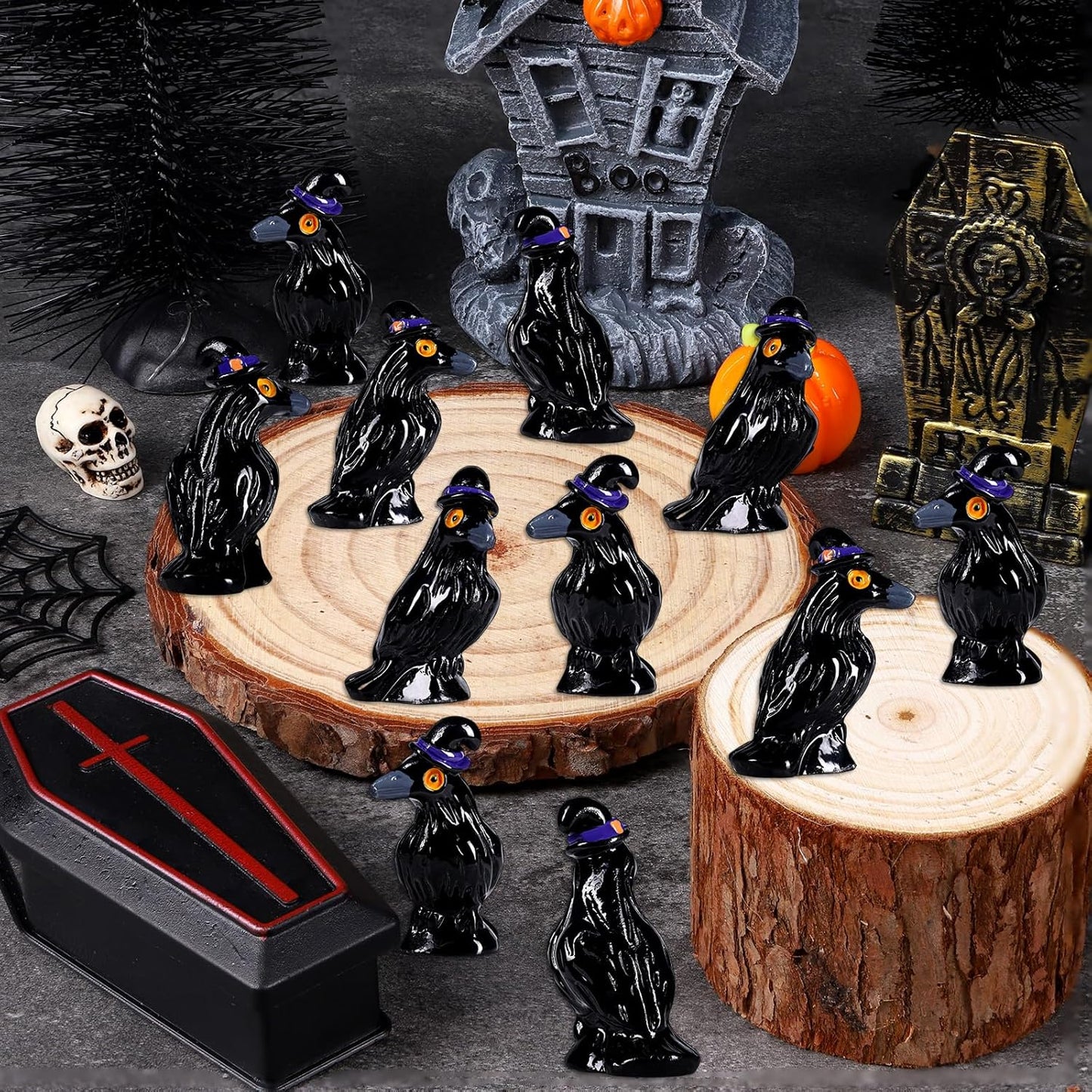 Skiennix Mini Resin Crows - 100 Pcs Black Raven Figurines for Halloween Decor & DIY Crafts