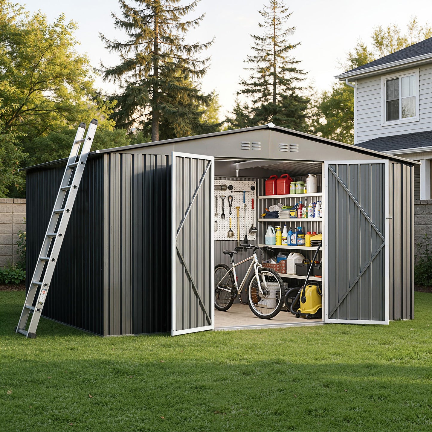 12 x 10FT Sheds & Outdoor Storage, Dark Grey Metal Waterproof Storage Shed with Door and Lock Outdoor Shed,All-Weather Shelter for Bike, Gardening Tools, Lawn Mowers