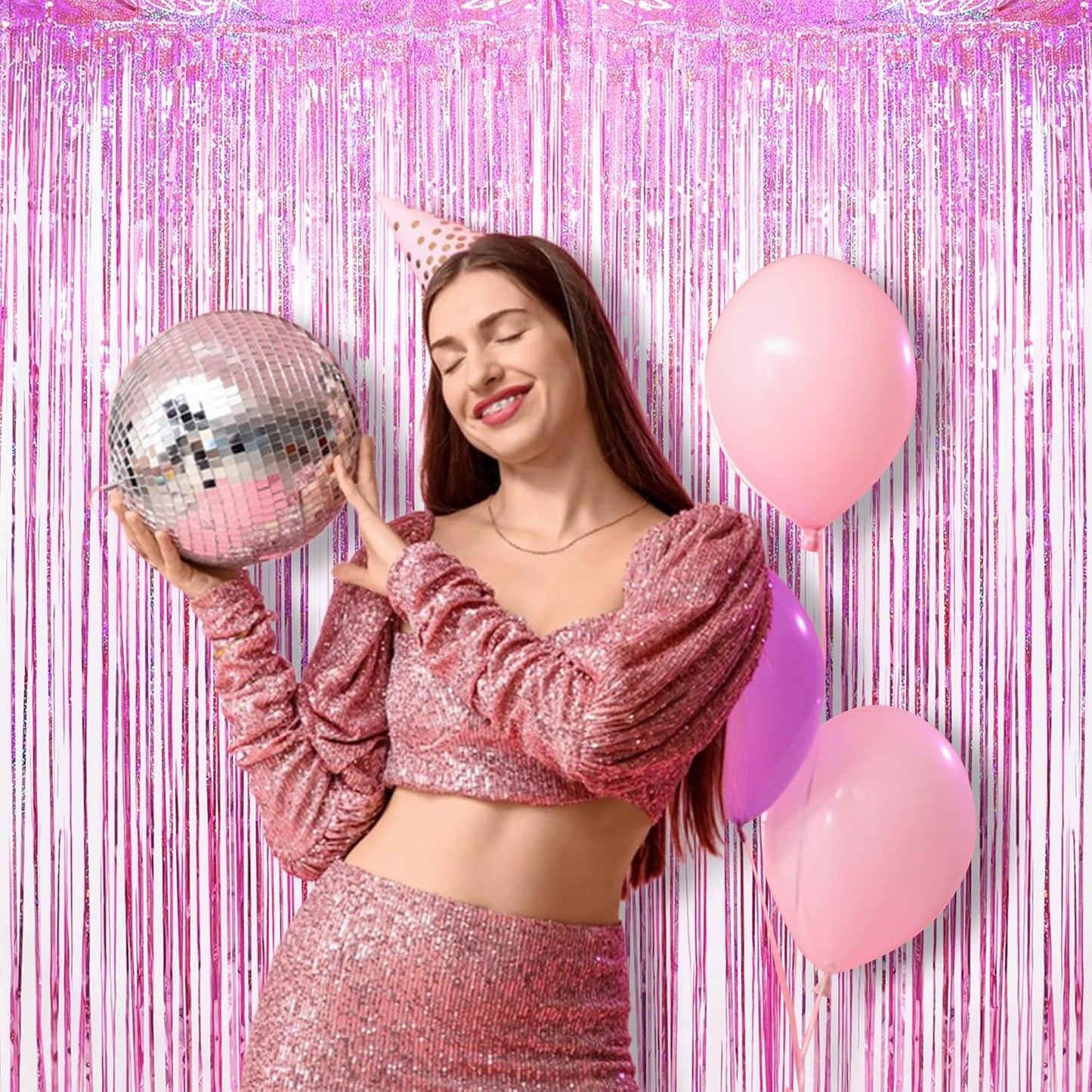 Pink Tinsel Fringe Backdrop by [Brand Name] - Sparkly Foil Curtains for Birthdays & Parties | 2 Pack, 3.3×8.2ft