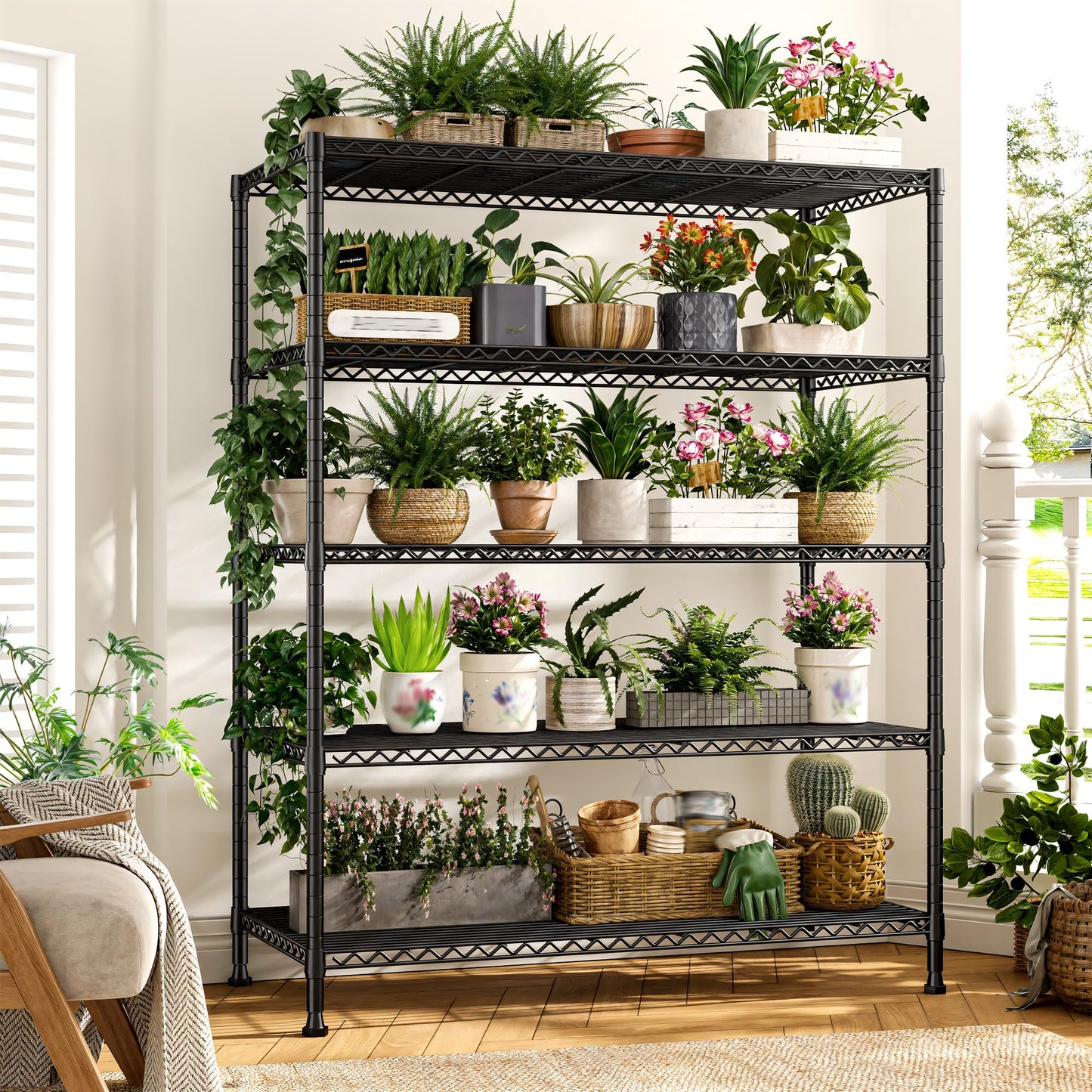 REIBII 45.8" W Ventilated Storage Shelves, Heavy Duty 5-Tier Wire Shelving, Adjustable Metal Shelf for Pantry Kitchen Garage Basement Commercial, Tool-Free Assembly, 45.8" W x 71" H, Black