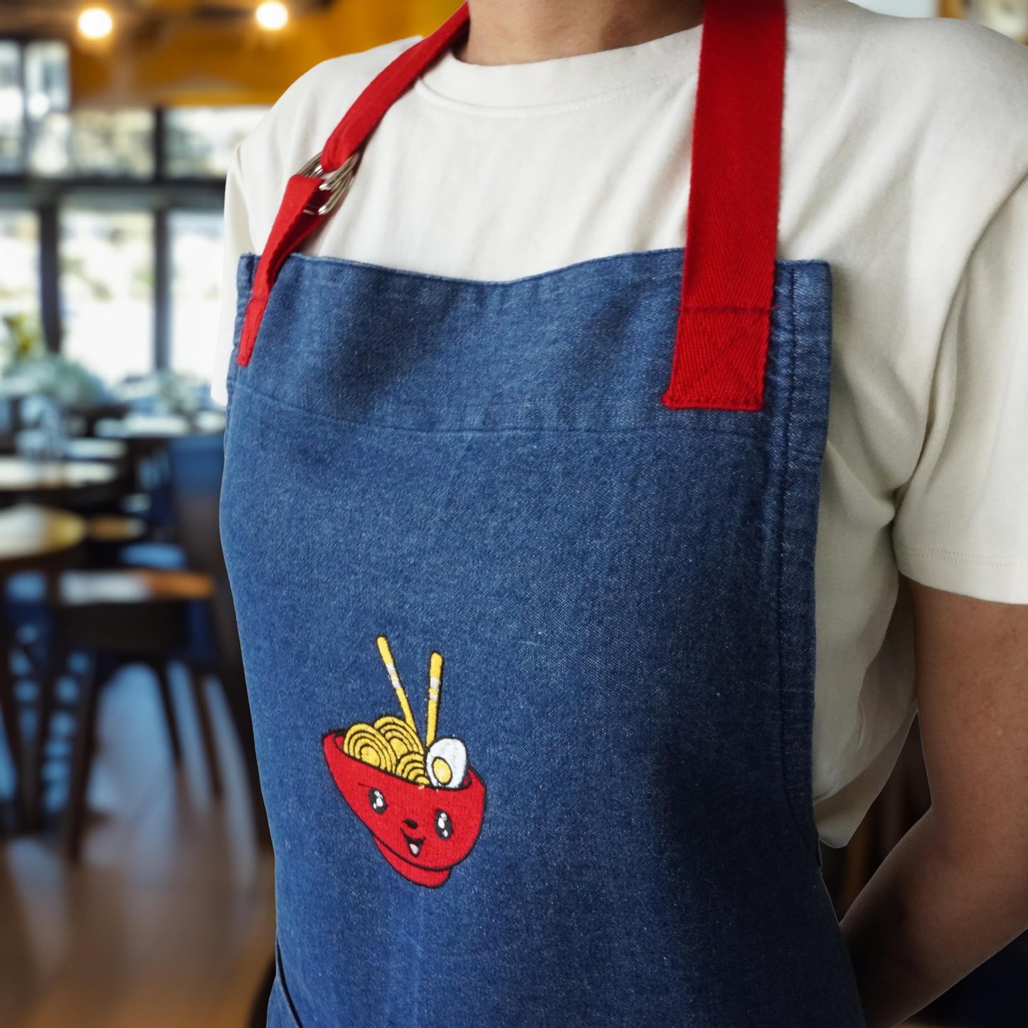 Denim Blue Kitchen Apron with Attached Red Terry Towel – 100% Cotton Denim Chef Apron for Men & Women with 2 Pockets, Adjustable Neck & Long Ties – Durable Barista, BBQ & Cooking Apron