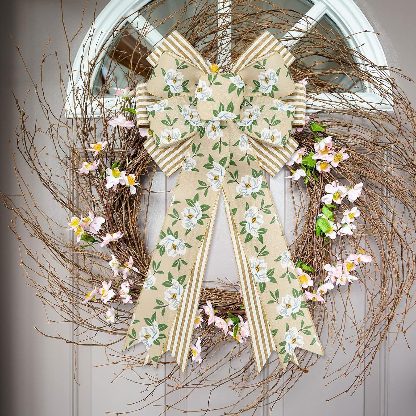 Whaline Spring Magnolia Wreath - Rustic Wired Edge Bow | Large 11 x 21 Inch Floral Decor for Home & Parties