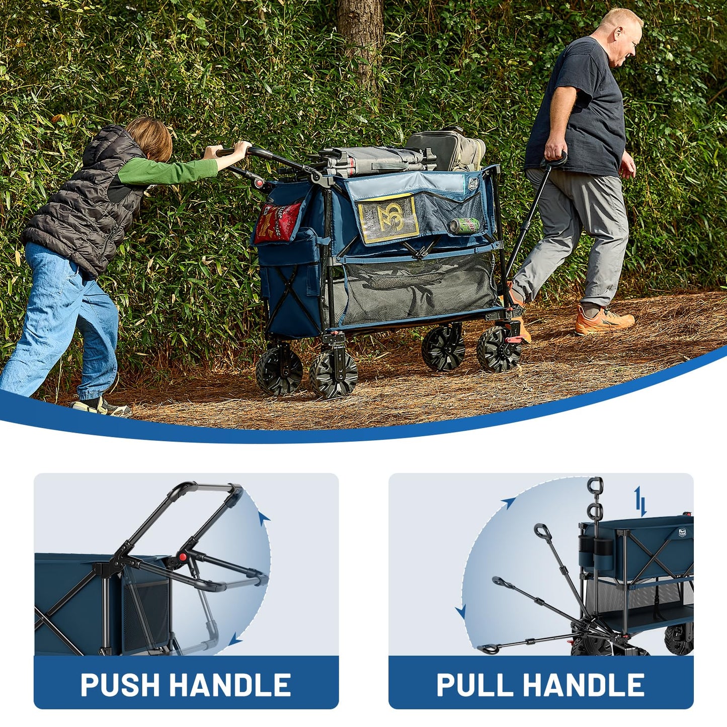 TIMBER RIDGE Push & Pull Double Decker Wagon, 400L Large Capacity Heavy Duty & 450lb Load, Collapsible Cart with All-Terrain Wheels & Brakes, 54” Extended Foldable for Sports, Beach, Camping, Blue