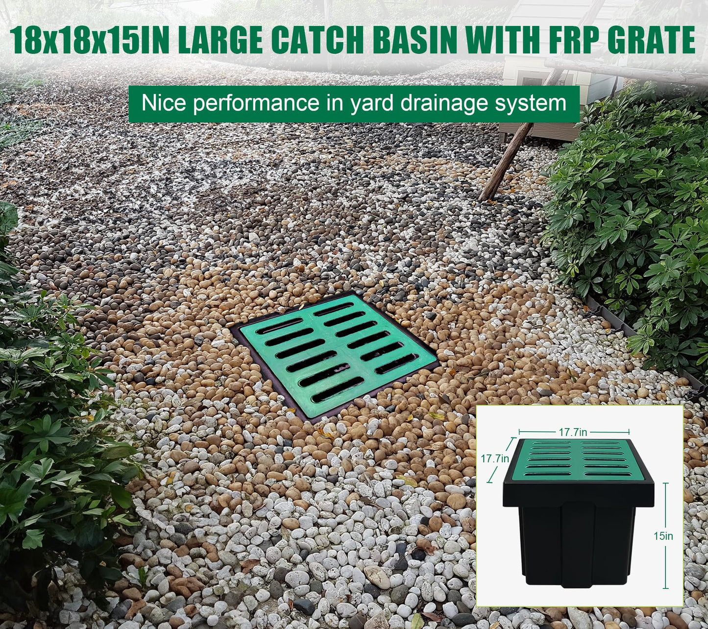 Natotela Catch Basin for Drainage with Fiber Glass Grate-18x18x15 in. Large Drainage Basin with Debris Basket,A15 French Drain Basin Without Reserved Hole for Yard,Downspout,Lawn,Municipal Pipeline