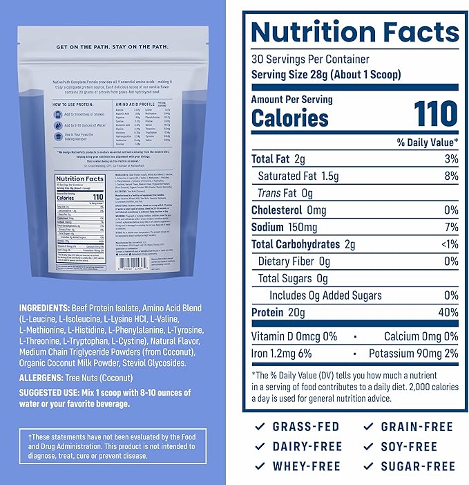 NativePath Complete Beef Protein Powder Isolate ??Grass-Fed, Pasture-Raised, Dairy & Lactose Free, Gluten Free, Zero Sugar, MCTs & Amino Acids ??20g Protein, Vanilla Flavor, 30 Servings