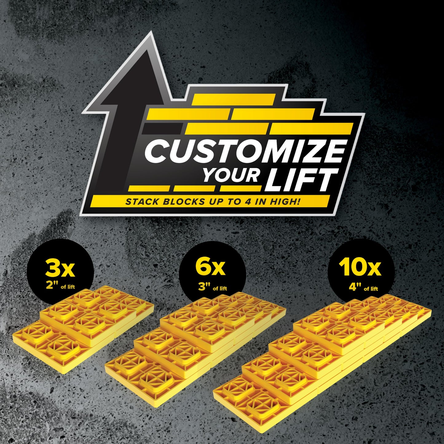 Camco FasTen RV Leveling Blocks - Features Interlocking Design for Customizable Height - Carrying Handle Twists to Secure Blocks for RV Storage - 8.5” x 8.5” x 1”, Yellow, 10-Pack (21022)