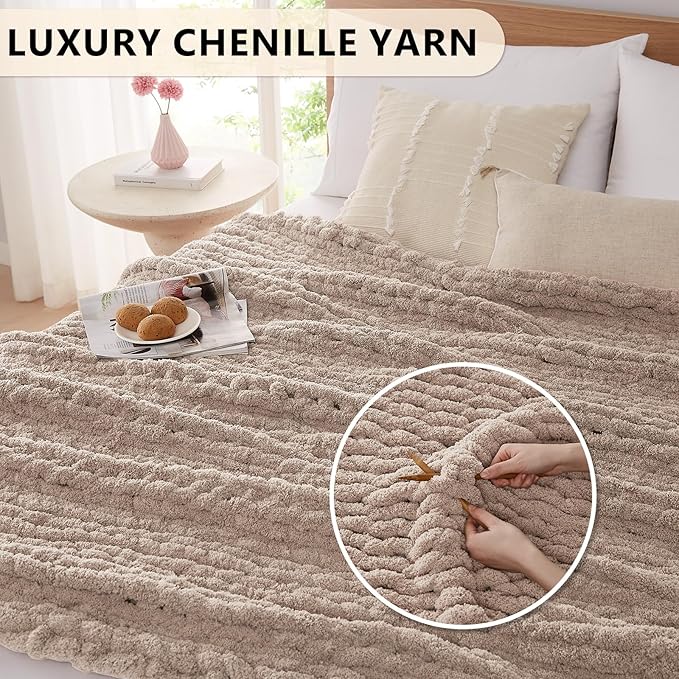 L'AGRATY Chunky Knit Blanket Throw: 72''x84'' Chenille Chunky Knitted Throw Blankets for Bed Couch - Handmade Thick Big Cable Knit Blanket - Large Crochet Rope Blankets for Home Decor(Light Taupe)