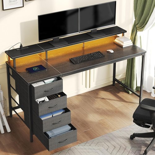 DUMOS 40-Inch Computer Desk - 4 Drawer Gaming Desk with Power Outlets & LED Lights | Black