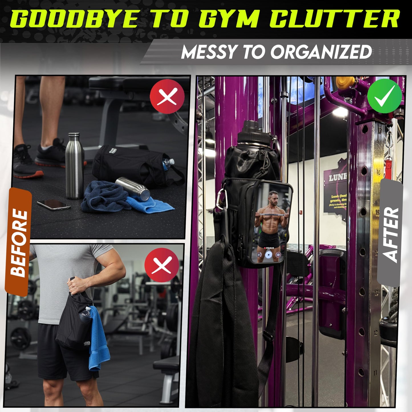 Magnetic Gym Bag & Magnetic Water Bottle Holder Set - 40oz Insulated Stainless Steel Bottle, Microfiber Towel, Cross Body Strap & Phone Holder Magnet - Gym Bag Essentials for Fitness, Work & Travel