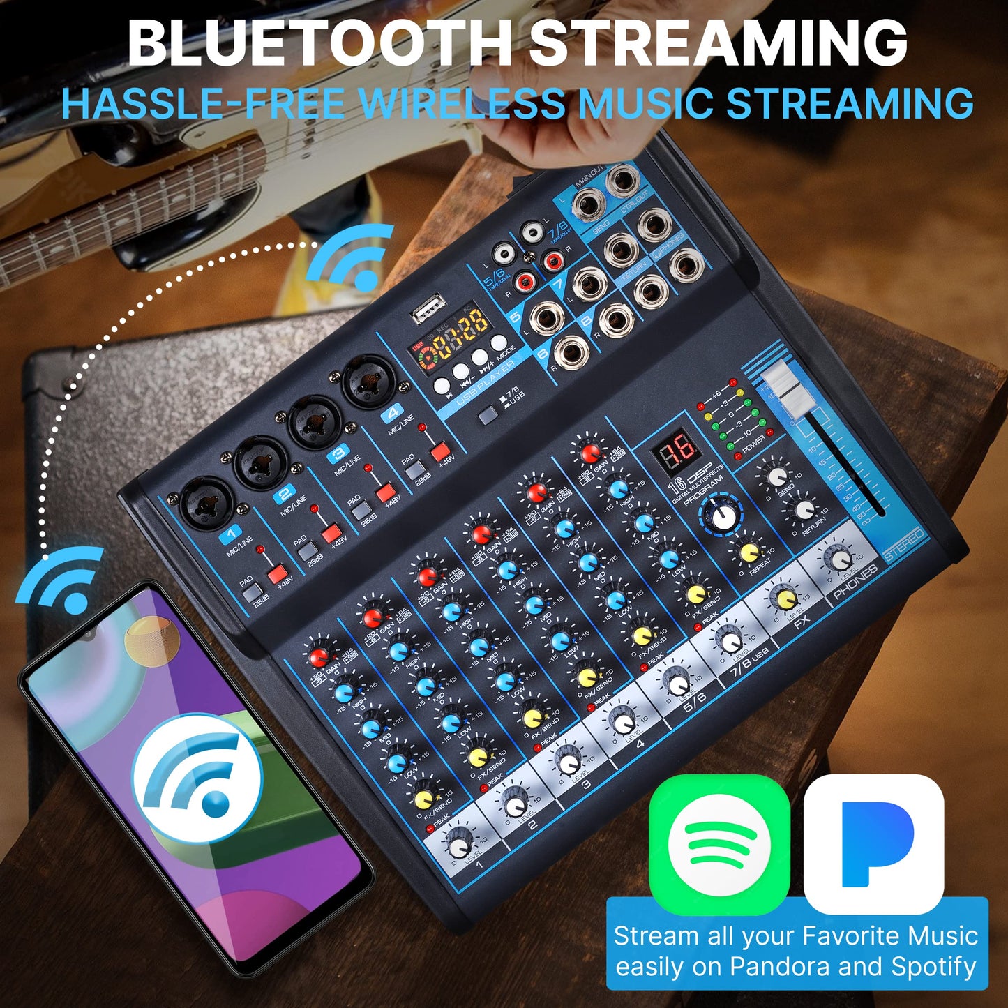 Pyle 8 Channel Bluetooth Studio Mixer - USB Computer Recording, Built-In MP3 Player, 48V Phantom Power, 16-Bit DSP FX, 3-Band EQ, XLR Combo Inputs, DJ Sound Board - PMXU83BT.5