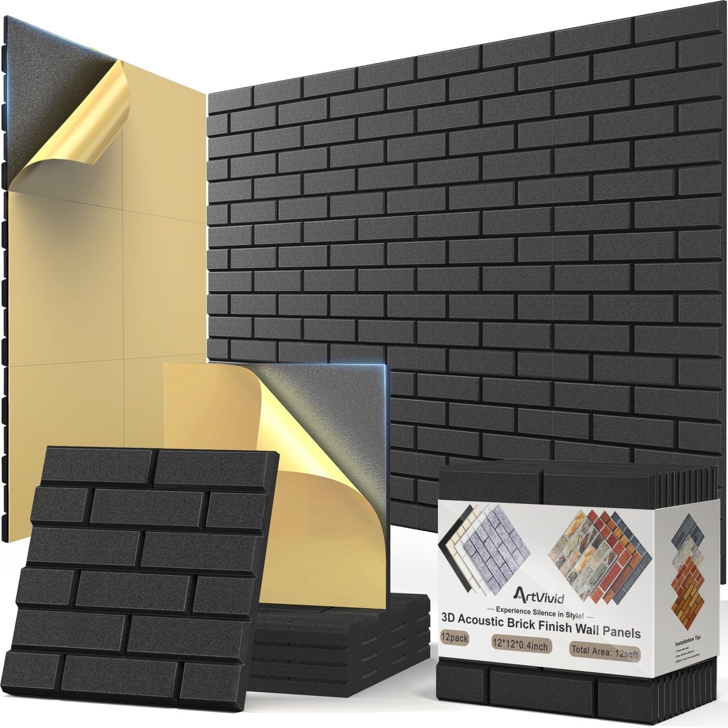 ArtVivid 12Pack Acoustic Panels, 12"×12"×0.4" Self-Adhesive 3D Brick Pattern Sound Proof Panels for Walls, Decorative Sound Dampening Wall Panels for Recording Studios, Offices, Home, Black