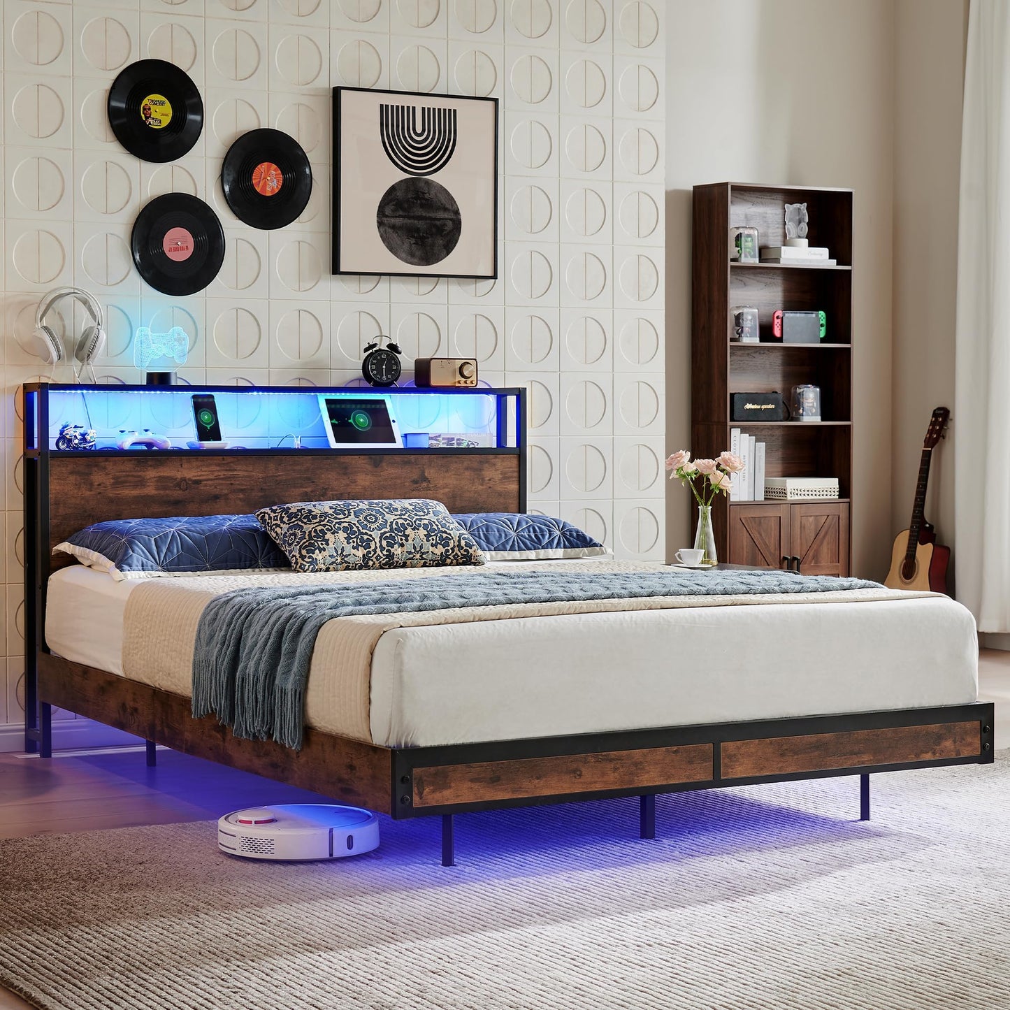 BedsPick Full Bed Frame with 2-Tier Storage Headboard, Metal Platform Full Size Bed Frame with Smart LED Lights & USB Charging Station, Noise-Free/Metal Support/No Box Spring Needed, Brown