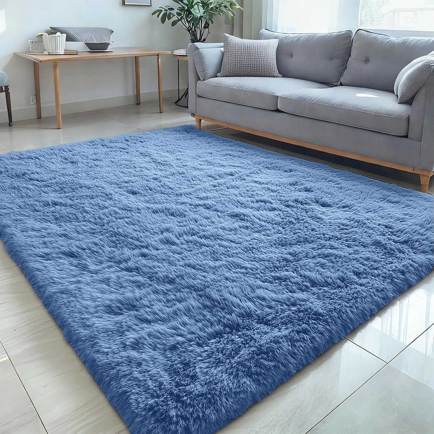 OLANLY Large 5x7 Machine Washable Area Rug - Soft Fluffy Shaggy Carpet for Living Room & Bedroom | Blue