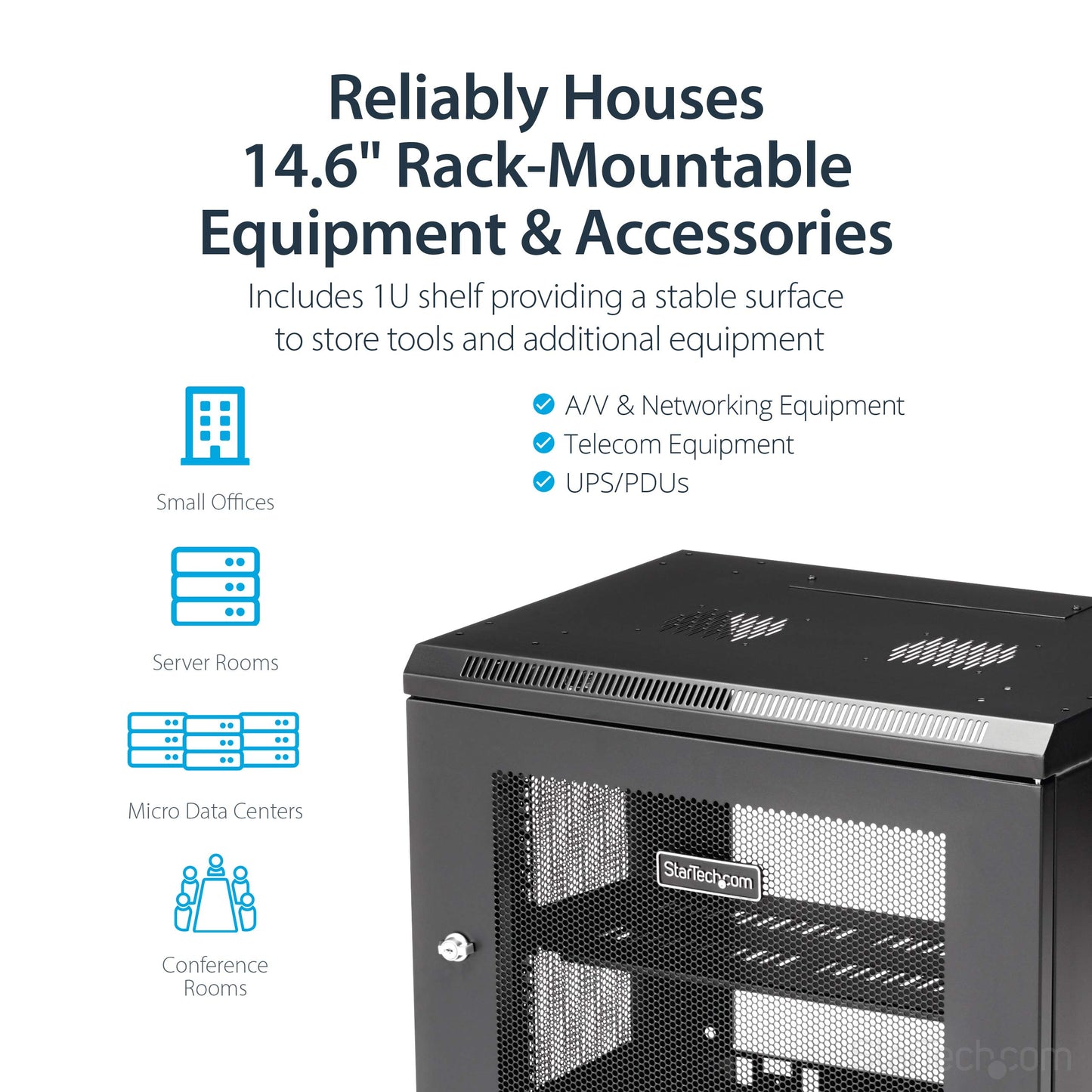 StarTech.com 2-Post 9U Wall Mount Network Cabinet w/ 1U Shelf, 19" Wall-Mounted Server Rack Kit for IT / Data Computer Equipment, Ships Fully Assembled