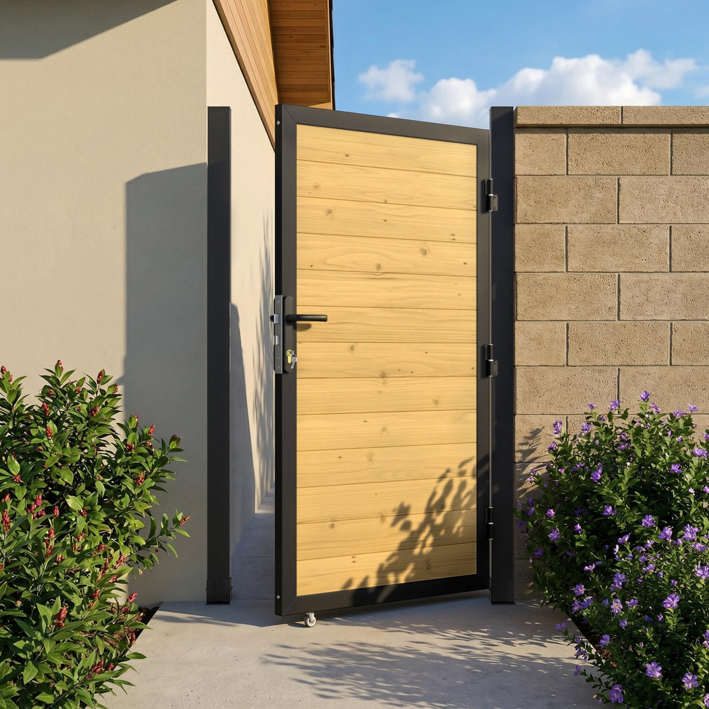BlueWish 6 x 3 FT Cedar Wood Fence Gate Kit, Board-on-Board Privacy Fence Gate, Aluminum Frame with Security Lock System, Outdoor Garden Yard Complete Gate Kit for Backyard, Pool, Natural
