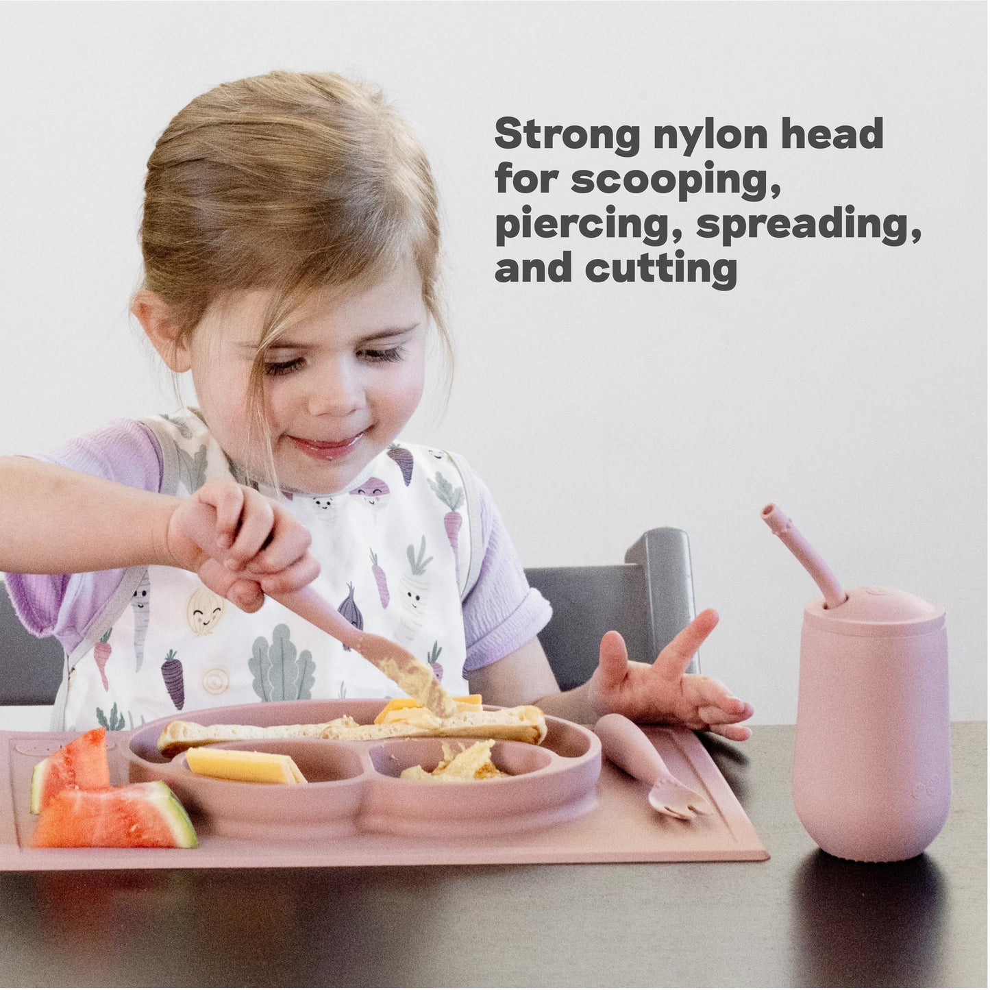 ezpz Happy Utensils (Sage) - 24 Months+ - BPA Free Toddler Utensils - Fork, Spoon and Knife for Toddlers and Preschoolers - Kids for Self-Feeding Development