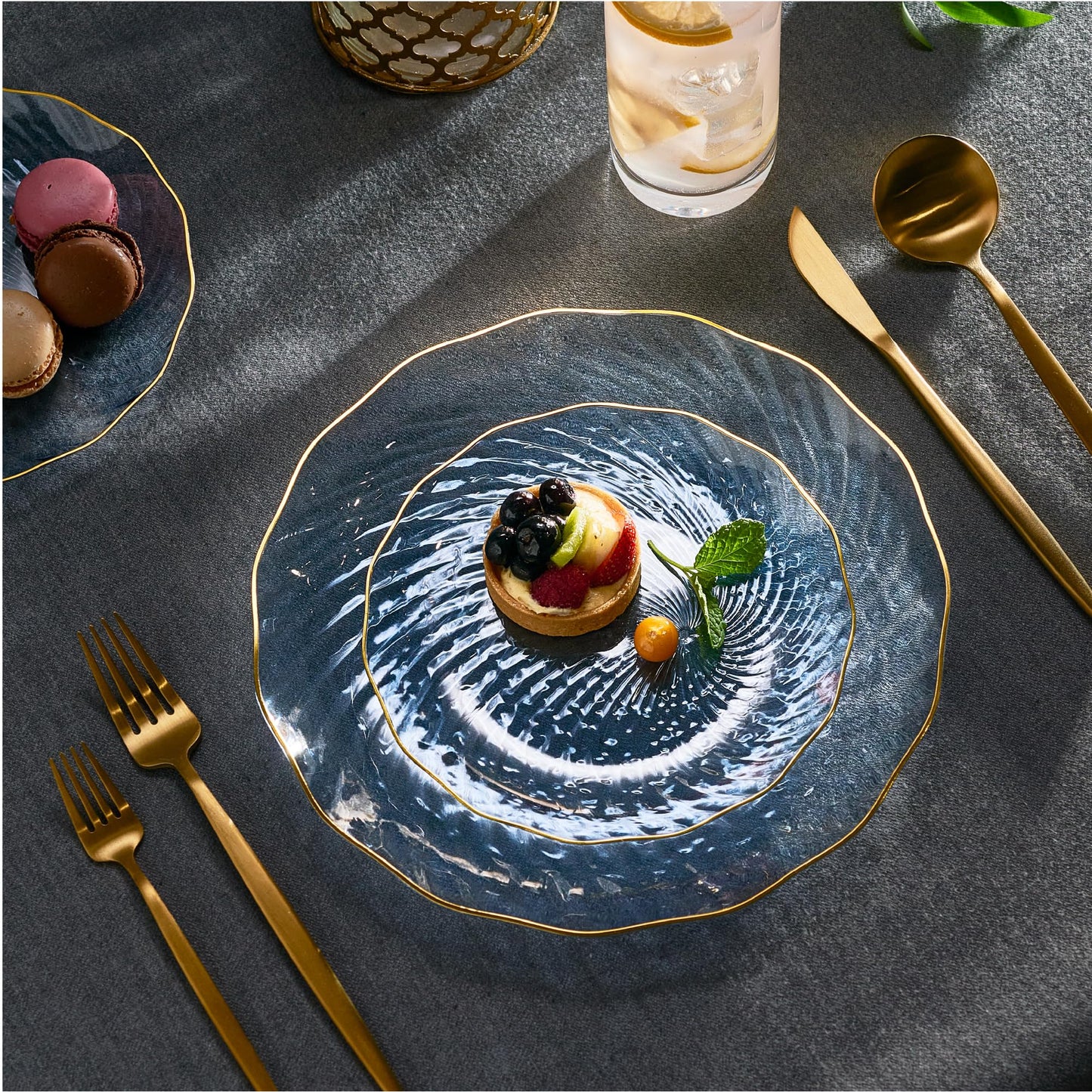 PLASTICPRO 120 Pack Plastic Plates Set of 60-10 inch Plates and 60-7 inch Plates, Elegant Clear Blue Spiral and Gold Rim Disposable Fancy Plates Premium Heavyweight