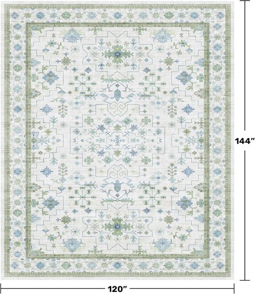 Hazo Haus Washable Area Rugs - Extra Large 10x12 Cream, Blue & Green Floral Geometric Design