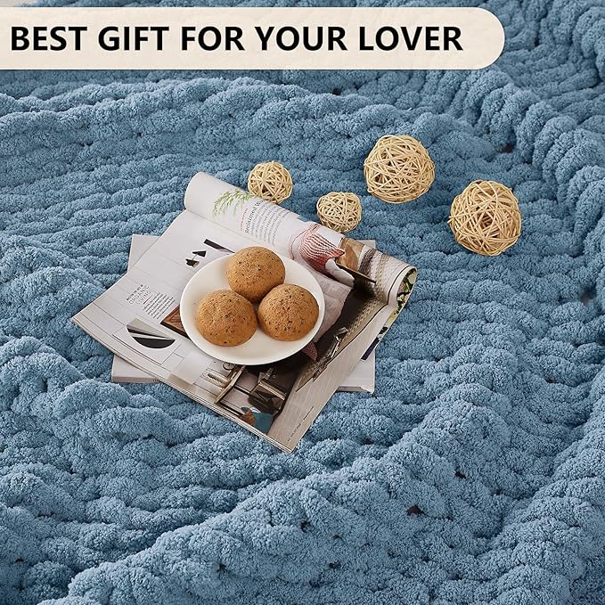 L'AGRATY Chunky Knit Blanket Throw: 60''x80'' Chenille Chunky Knitted Throw Blanket for Bed Couch - Handmade Thick Big Cable Knit Blanket - Large Crochet Rope Blankets for Home Decor(Airy Blue)