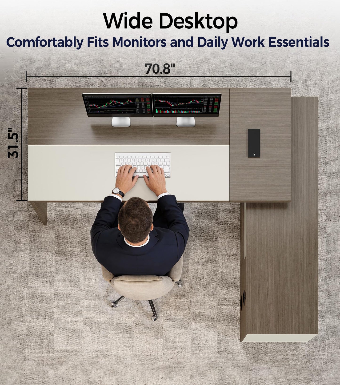 Anzhap 79" L-Shaped Executive Desk with Drawers, Large Modern Office Desk with Storage Shelves, LED Lighting, Built-in Outlet & USB Ports – Home Office Desk (Smoked Oak & Cream White, Right Return)