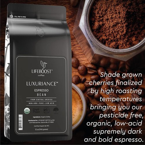 Lifeboost Organic Espresso Whole Bean Coffee - Low Acid, Non-GMO, USDA Organic | 12 oz Bag