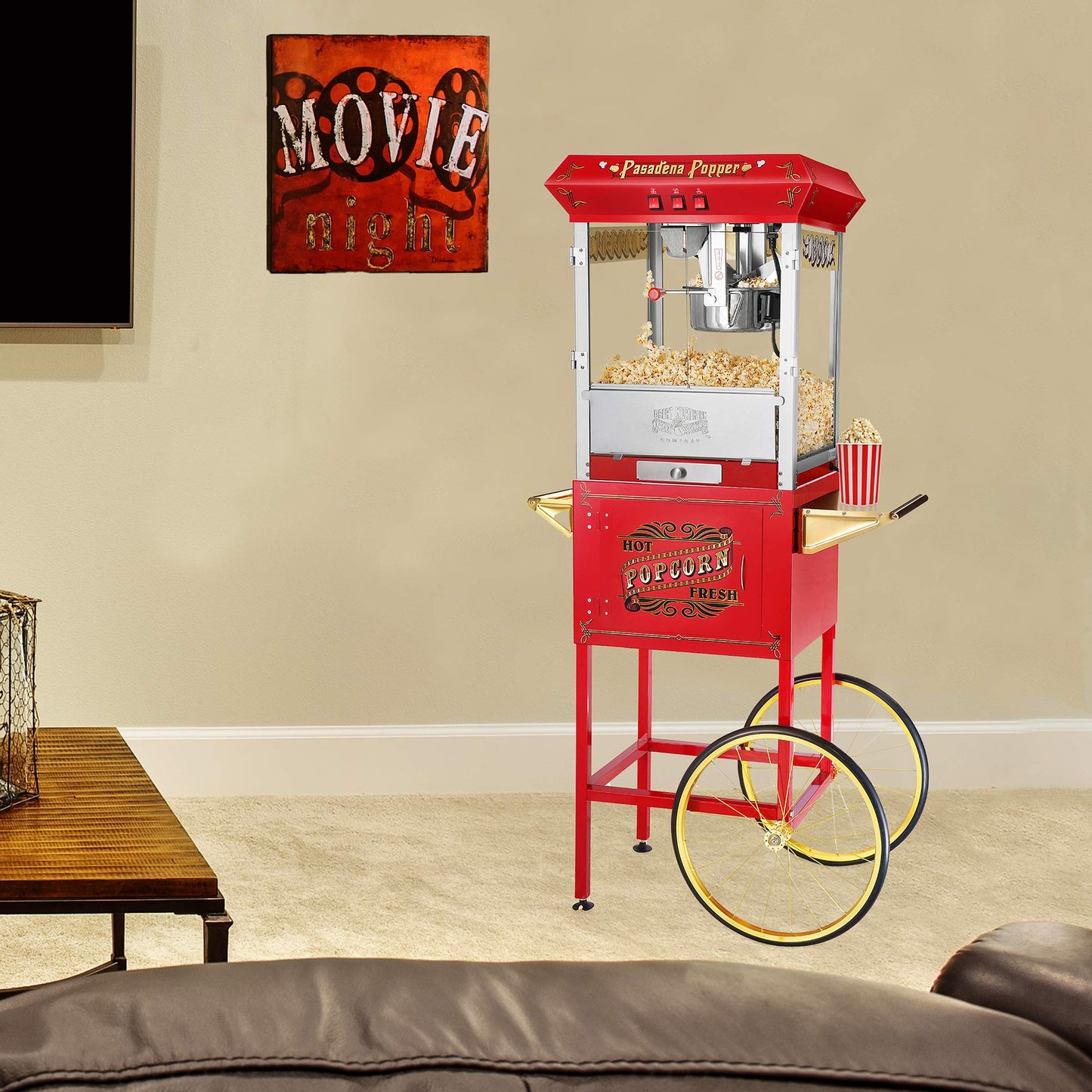 Pasadena Popcorn Machine with Cart- Popper Makes 3 Gallons- 8-Ounce Kettle, Old Maids Drawer, Warming Tray & Scoop by Great Northern Popcorn (Red)