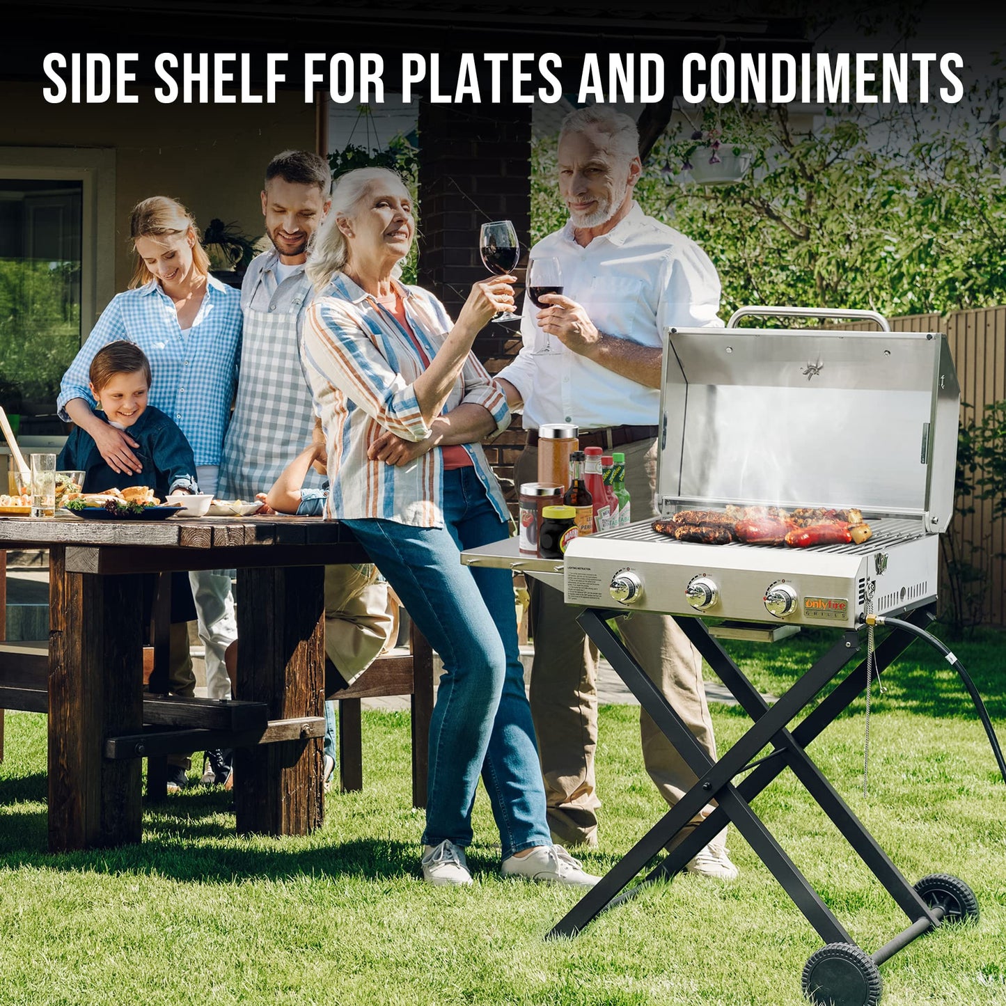 BBQ Gas Grill 3-Burner with Foldable Cart & Side Table, Premium Portable Propane Grill with 22" Cooking Grate for Outdoor Patio Backyard Barbecue Camping Tailgating RV, Stainless Steel, Classic GS308