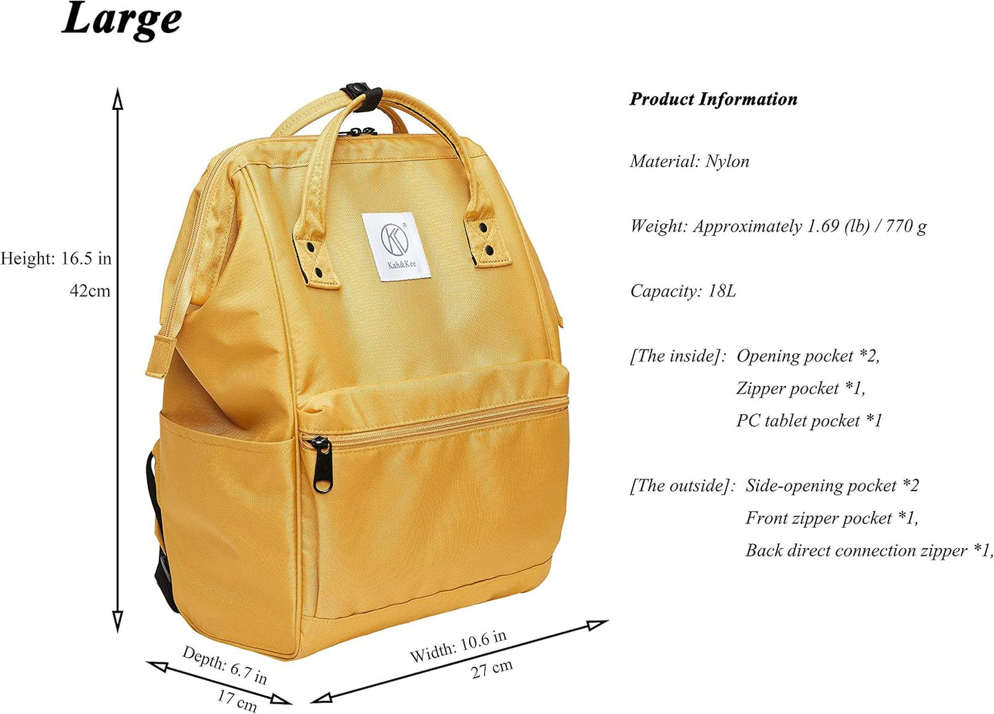 Backpack Kah&Kee Polyester Travel Functional Anti-theft School Laptop for Women Men (Yellow, Medium)