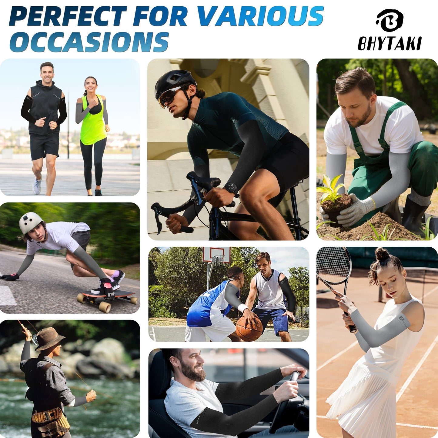 BHYTAKI 6 Pairs UV Sun Protection Arm Sleeves, UPF 50 Sports Cooling Arm Compression Sleeves for Men Women Teenager
