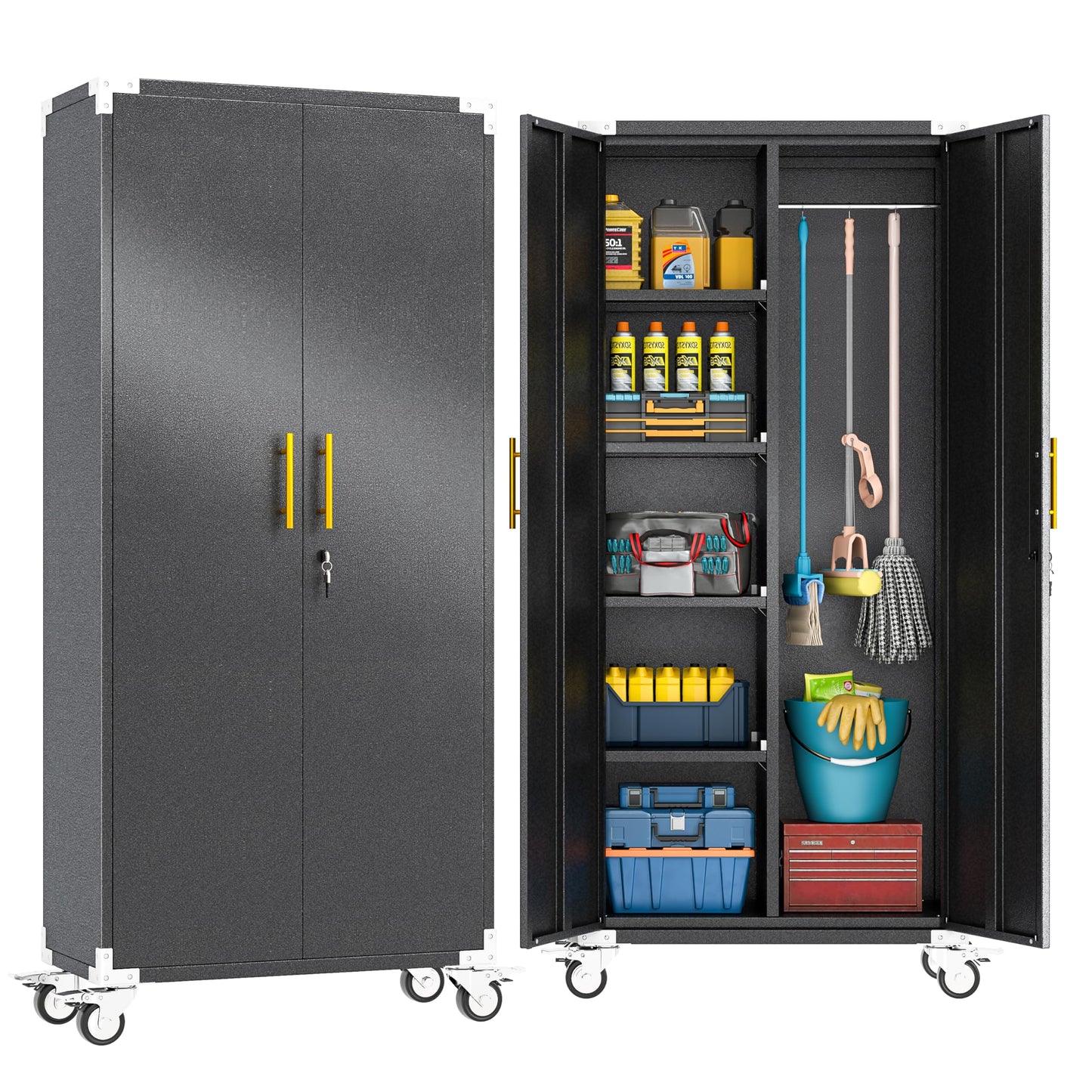erosoei 71" Broom Storage Cabinet, Cleaning Tool Storage Cabinet, Garage Utility Storage with Hooks and Hanging Rods, Heavy Duty Garden Tool Organizer, for Home, Garage, Laundry Room, Gym, Workshop.