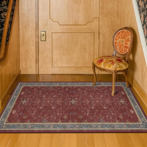 Hazo Haus Burgundy Washable Entry Rug - Non-Slip, Low Pile, Stain & Fade Resistant | Modern Floral Design