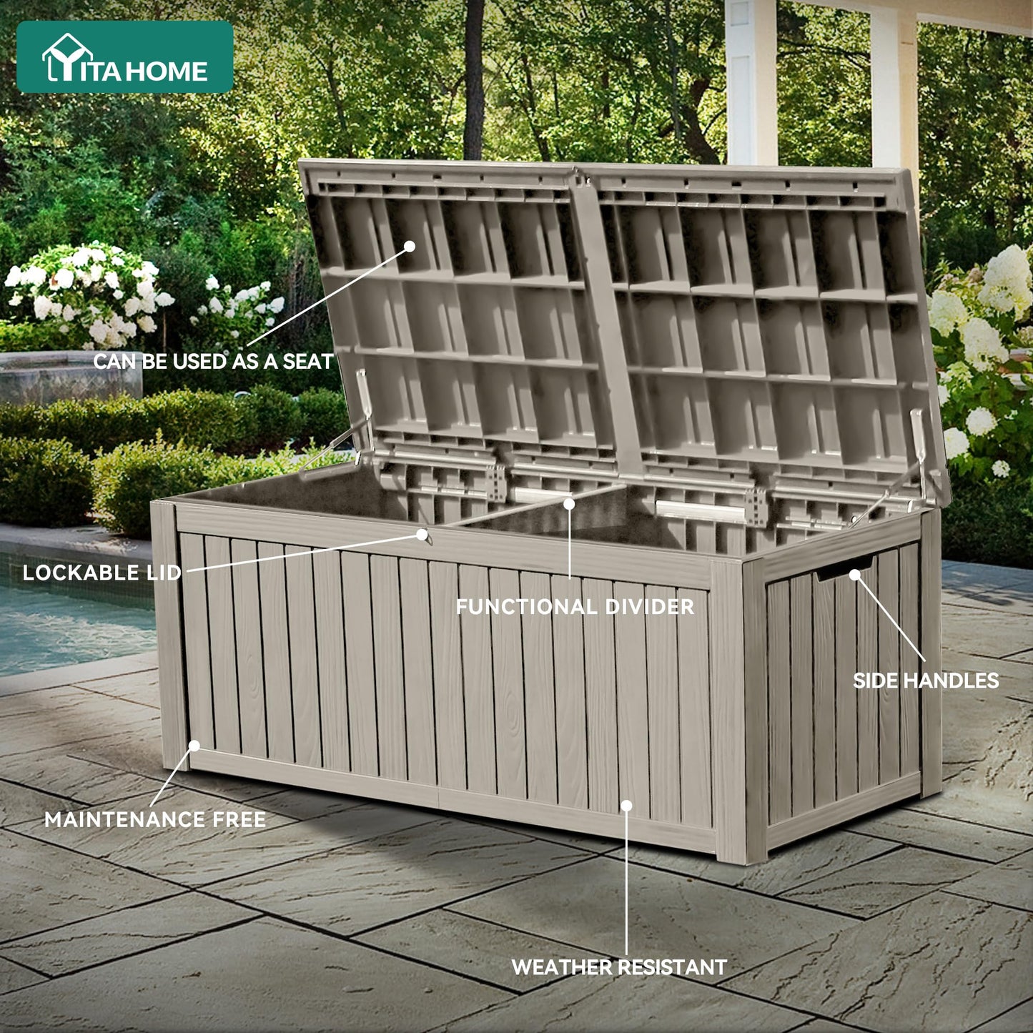 YITAHOME 180 Gallon Large Outdoor Storage XL Deck Box w/Divider for Patio Furniture,Outdoor Cushions, Garden Tools, Sports Equipment and Pool Supplies, Waterproof, Resin, Lockable, Taupe