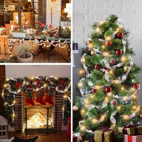 Minetom Christmas Tree Ribbon String Lights - 33ft 100 LED Battery-Powered Fairy Lights with Timer
