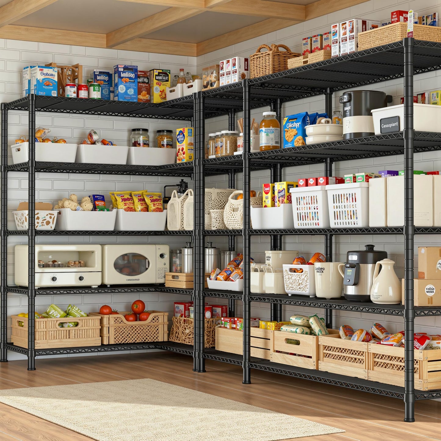 70.8"H Storage Shelves, 5-Tier Metal Shelving 1200 High-Load Heavy Duty Wire Shelving, Adjustable Metal Shelves-L Shaped Wire Shelving Units for Kitchen Garage Pantry Basement, 52.36"W x13.78"Dx70.8"H