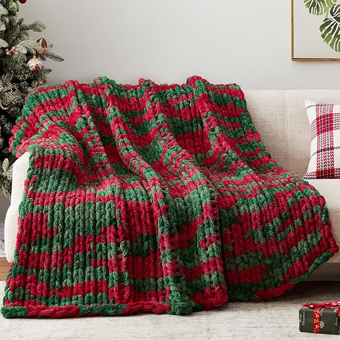 Negwoo Chunky Knit Throw Blanket, 40''*50'' Knitted Throw Chenille Yarn for Bed Couch, Handmade Stripe Crochet Big Thick Blanket, Machine Washable Cute Comfy Blanket for Home Decor