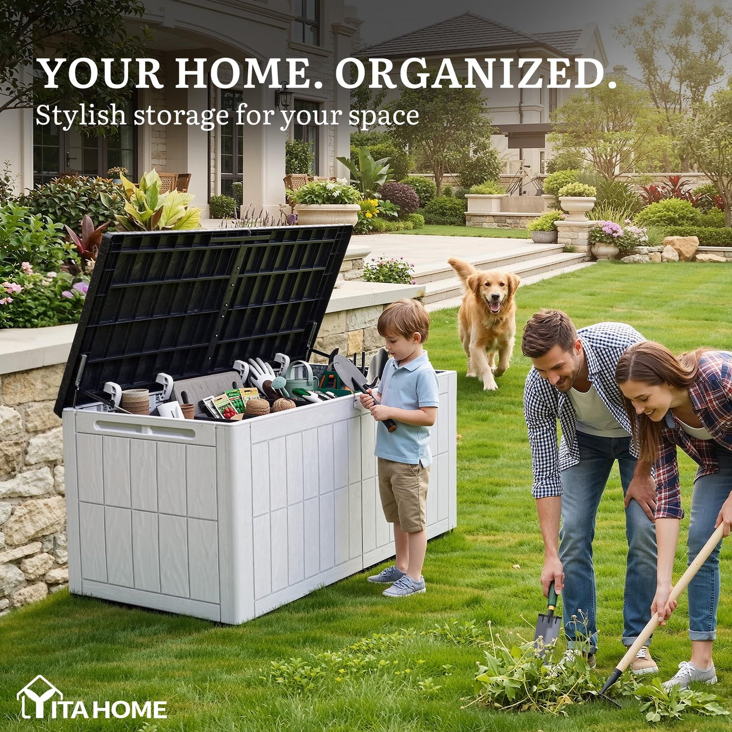 YITAHOME 134 Gallon Large Deck Box, Waterproof Resin Outdoor Storage Box with Lock and 2-Person Bench Seating for Patio Furniture Cushions,Garden Tools & Pool Accessories, Black & Grayish-White