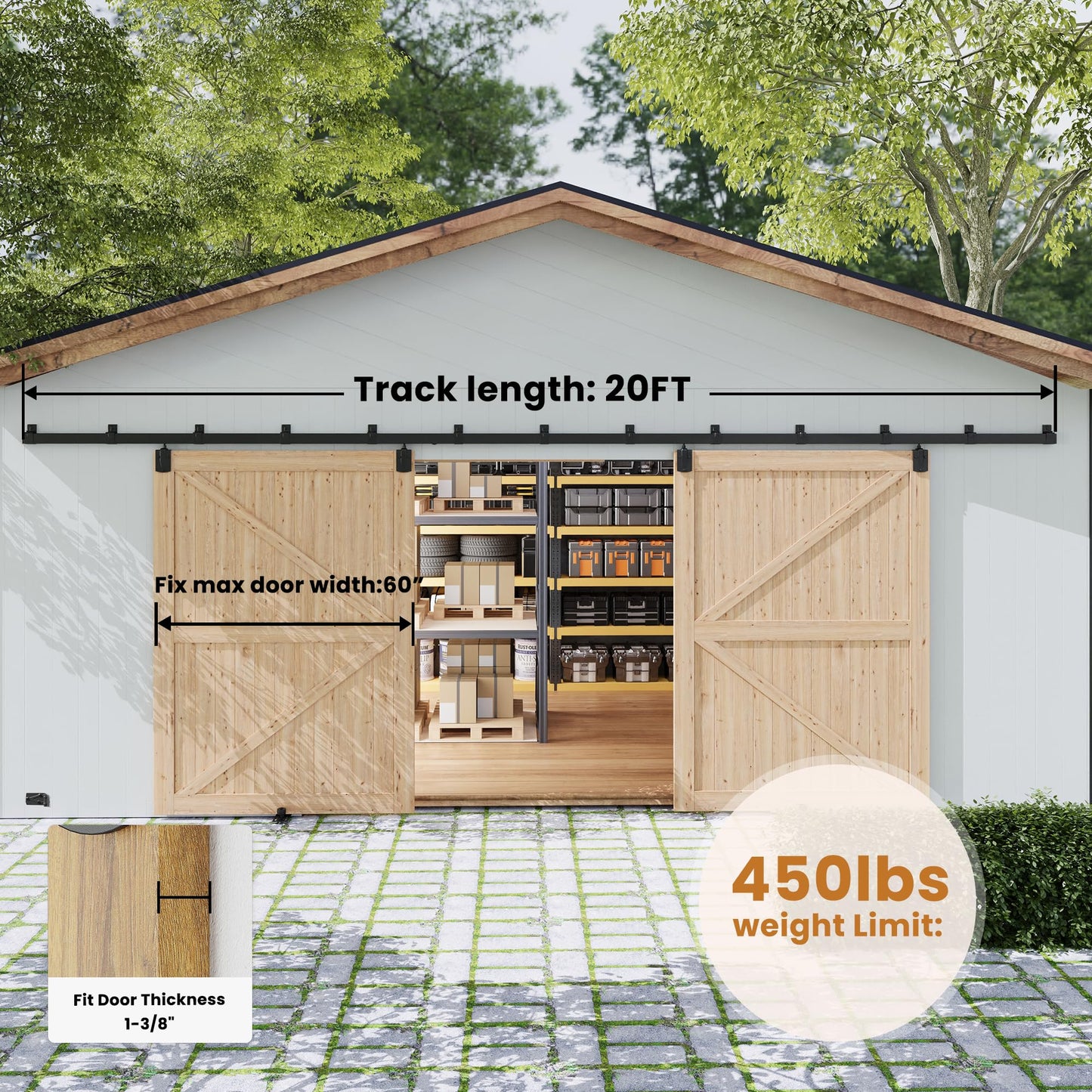 SmartStandard 20FT Exterior Sliding Barn Door Hardware Kit, Box Rail Barn Door Track Kit for Outdoor Use, 450lb Capacity Heavy Duty Wall Mount Kit, Fix Double 60" Door