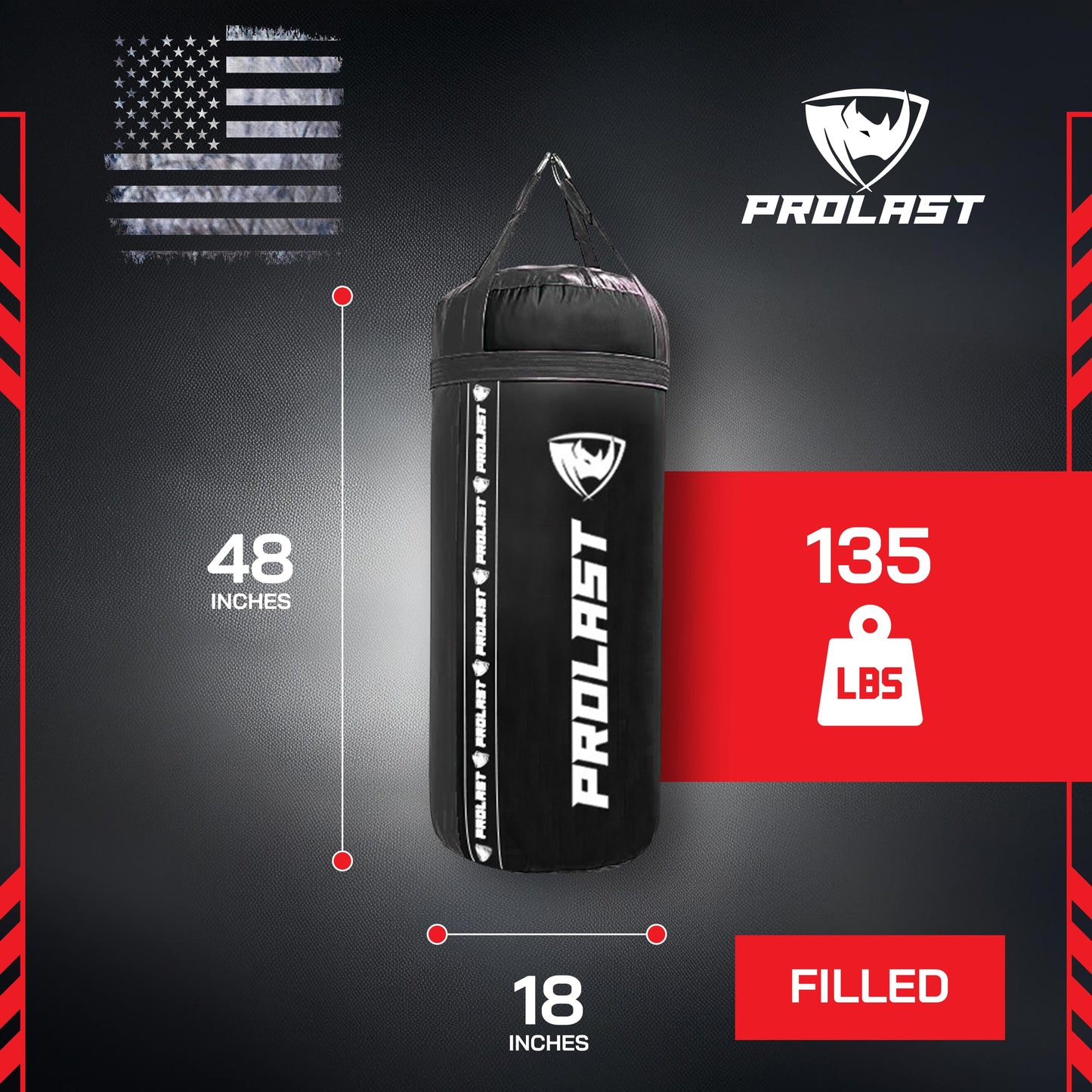 PROLAST 4Ft 135Lb XL Heavy Punching Boxing Bag for Adults, MMA, Martial Arts, Muay Thai, Kicking, Strength Training Equipment, Filled, New Edition Logo, Black