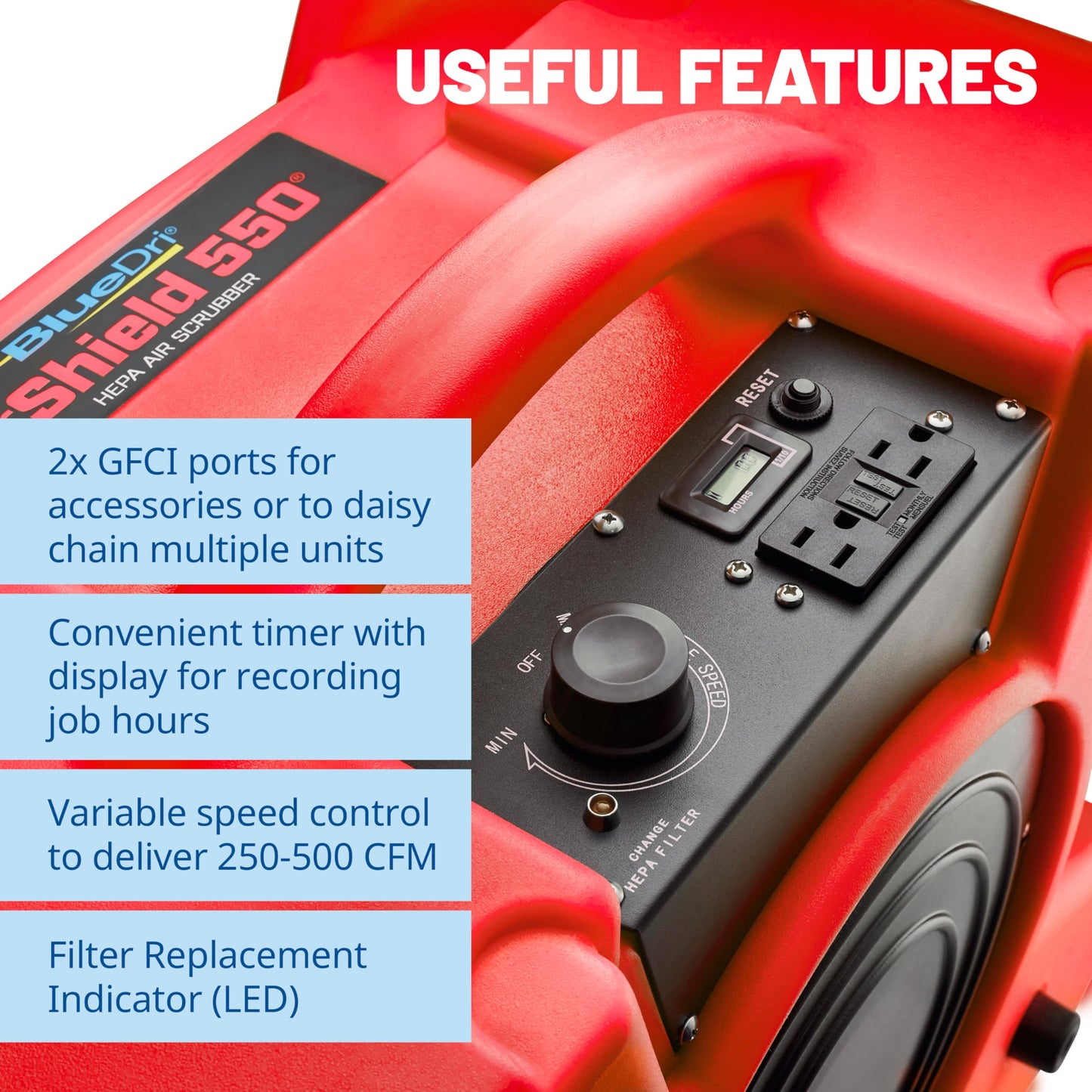BlueDri Air Shield 550 HEPA Air Scrubber, Water Damage Restoration Equipment Air Purifier, Covers 1400 Sq. Ft, Daisy Chain Capable, For Commercial Use, Red, BD-AS-550