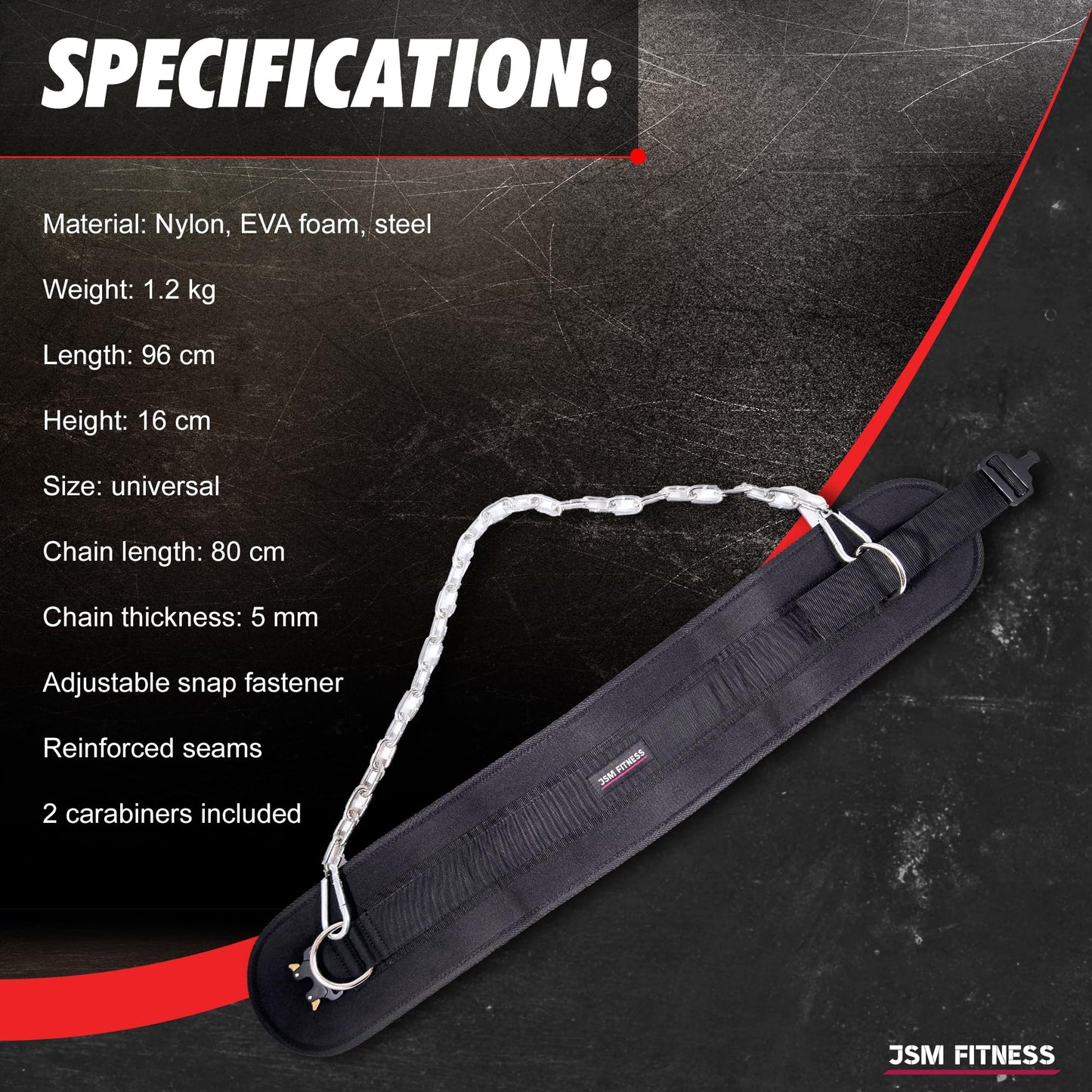JSM FITNESS Dip Belt for Weight Lifting with a Quick Closure Steel Buckle, Weighted Belt for Pullups & Dips for Men, with Durable Chain and Carabiners, Weightlifting, Squat, Bodybuilding