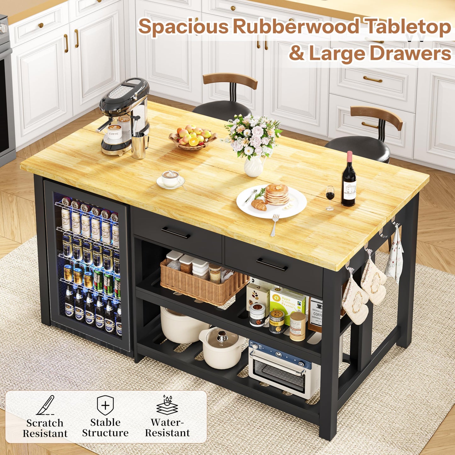DynJest 60" Solid Rubberwood Kitchen Island with Fridge Storage Space and Power Outlets, 2 Drawers & Open Shelves Coffee Bar Cabinet for Kitchen, Farmhouse Counter Height Dining Table for 2-4, Black