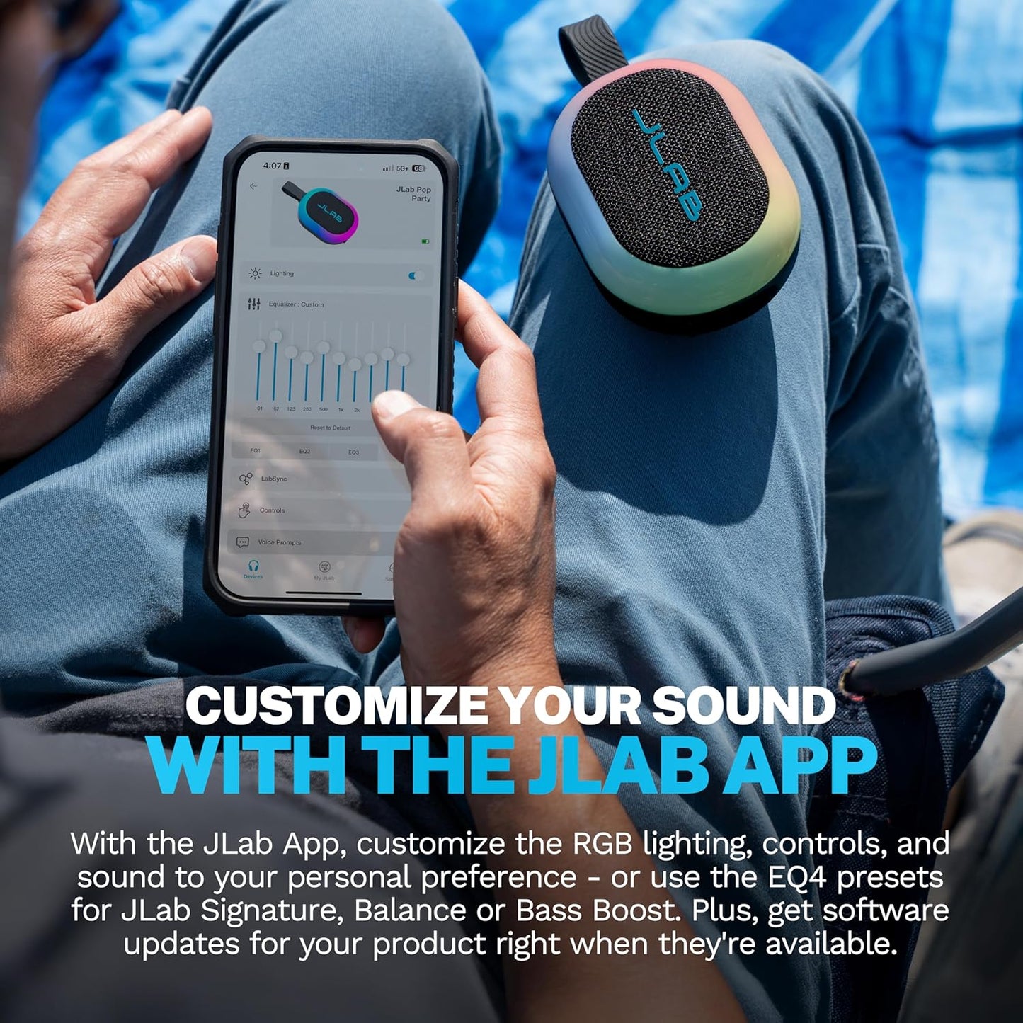 JLab 8+ IP55 100 Pop Party Portable Bluetooth Speaker, Black, Hours of Playtime, Waterproofing, Detachable Loop Handle