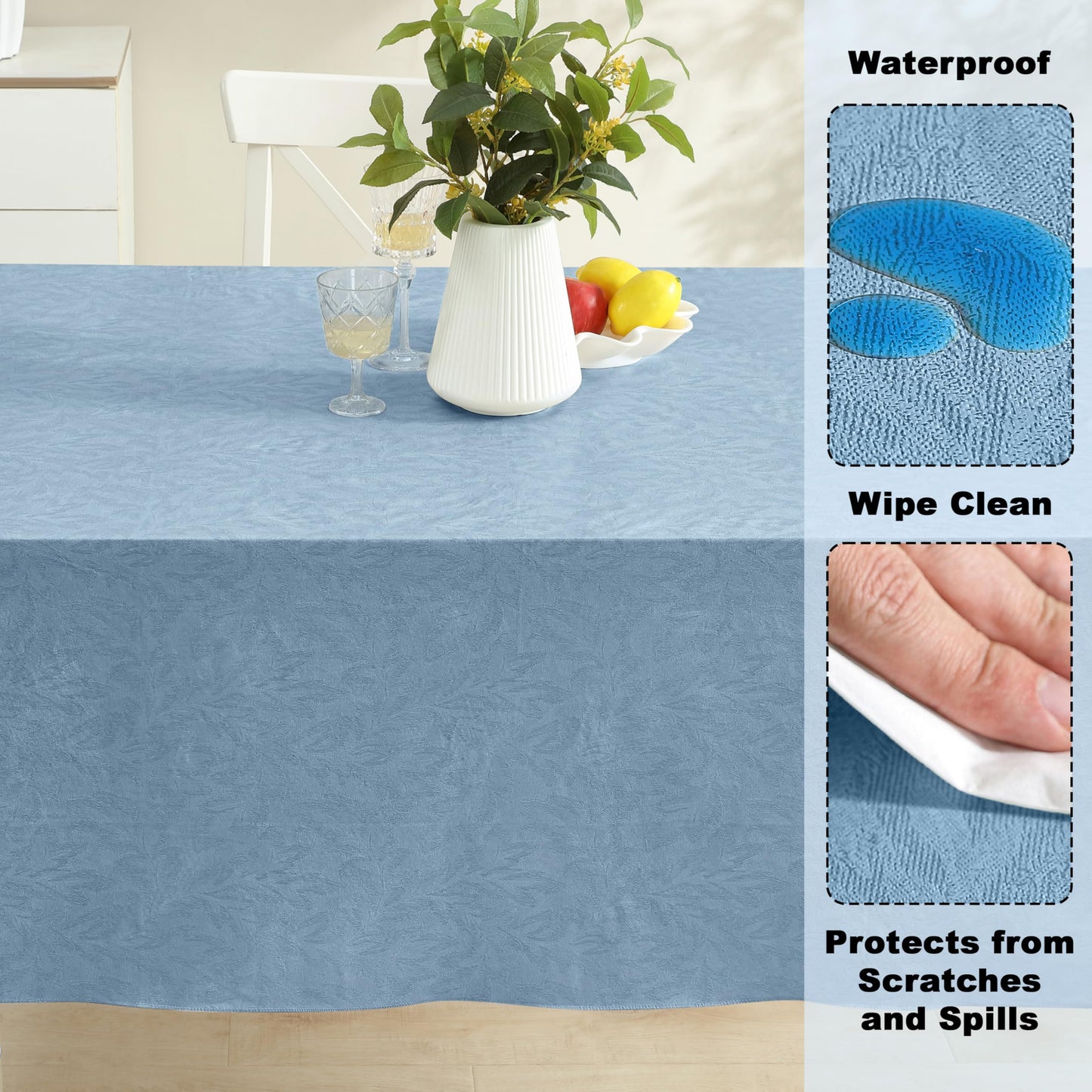 Newbridge Napa Leaf Blue Vinyl Flannel Backed Tablecloth, 60 x 84 Inch Rectangle, Hotel Quality Waterproof Indoor Outdoor Table Cover for Kitchen, Patio, Dining, BBQ