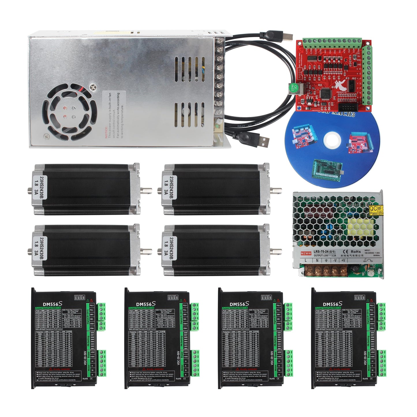 RATTMMOTOR 4 Axis Nema 23 Stepper Motor Kit,3A 425oz.in 112mm Motor Driver,Mach3 Motion Control Card 4 axis USB CNC Controller Kit,36V DC Power Supply for CNC Router Engraving Machine