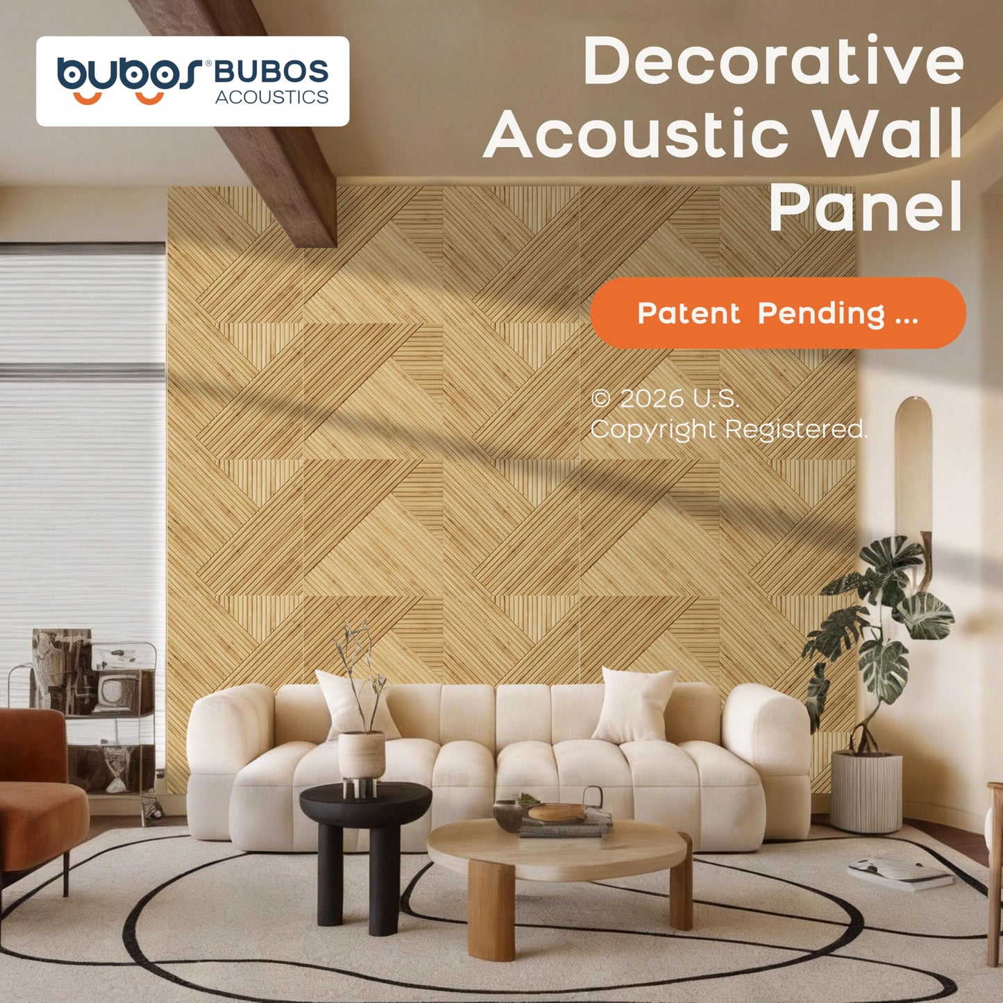 BUBOS 6 Pack Acoustic Wall Panels - High-Density Polyester Sound Absorbing Panels, Decorative Wood Print Treatment for Recording Studio & Home Office, Peel and Stick, 23.6" x 23.6"