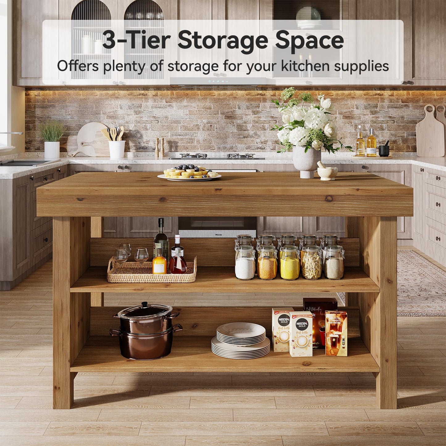 TRIBEWOOD 55" Solid Wood Kitchen Island with Storage, Farmhouse Kitchen Island Table with 3-Tier Open Shelves and Large Countertop for Kitchen, Dining & Living Room, Natural Oak