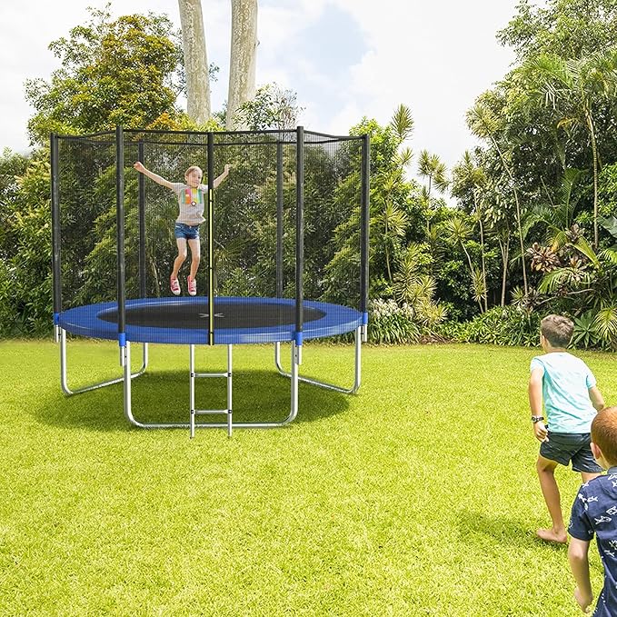AOTOB 8FT 10FT 12FT 14 FT 15FT Trampoline with Safety Enclosure Net，Outdoor Trampoline with Basketball Hoop, Heavy Duty Jumping Mat and Spring Cover Padding for Kids and Adults, Storage Bag and Ladder